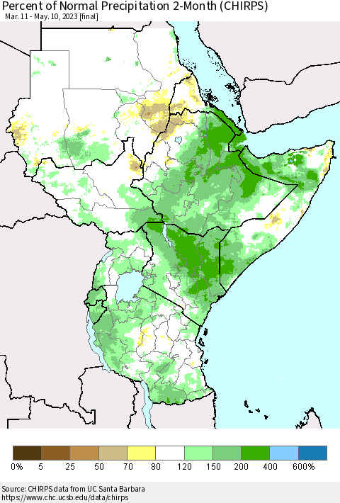 Eastern Africa Percent of Normal Precipitation 2-Month (CHIRPS) Thematic Map For 3/11/2023 - 5/10/2023