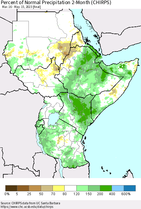 Eastern Africa Percent of Normal Precipitation 2-Month (CHIRPS) Thematic Map For 3/16/2023 - 5/15/2023