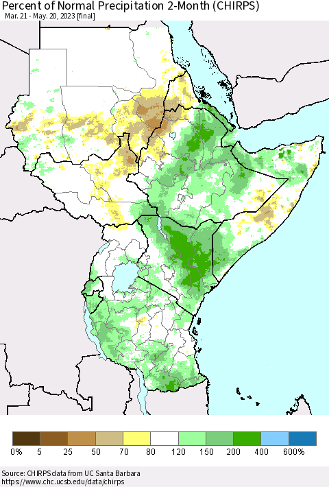 Eastern Africa Percent of Normal Precipitation 2-Month (CHIRPS) Thematic Map For 3/21/2023 - 5/20/2023