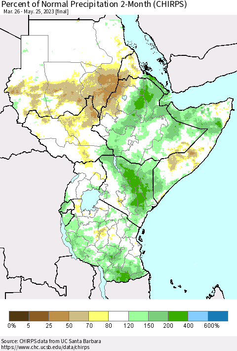 Eastern Africa Percent of Normal Precipitation 2-Month (CHIRPS) Thematic Map For 3/26/2023 - 5/25/2023