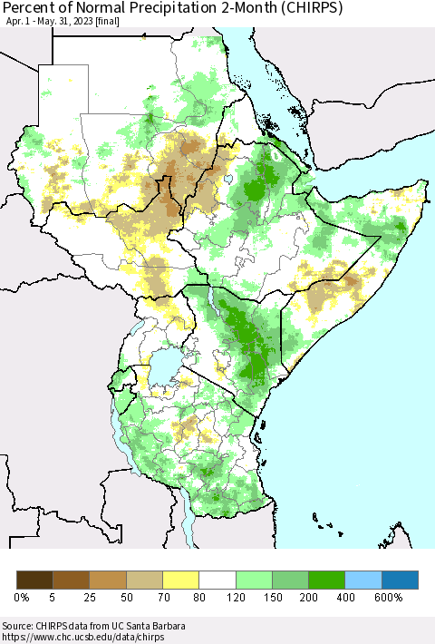 Eastern Africa Percent of Normal Precipitation 2-Month (CHIRPS) Thematic Map For 4/1/2023 - 5/31/2023