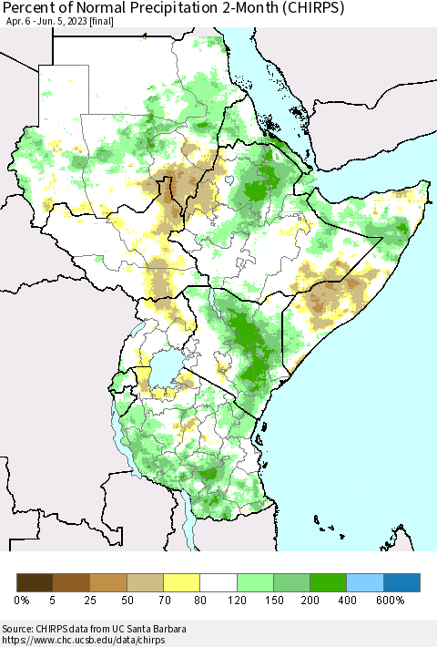 Eastern Africa Percent of Normal Precipitation 2-Month (CHIRPS) Thematic Map For 4/6/2023 - 6/5/2023