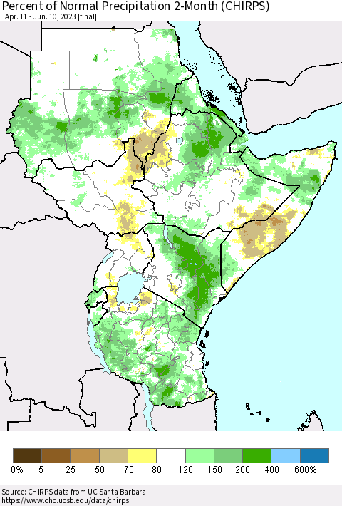 Eastern Africa Percent of Normal Precipitation 2-Month (CHIRPS) Thematic Map For 4/11/2023 - 6/10/2023