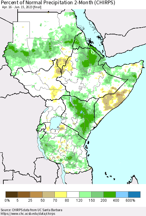 Eastern Africa Percent of Normal Precipitation 2-Month (CHIRPS) Thematic Map For 4/16/2023 - 6/15/2023