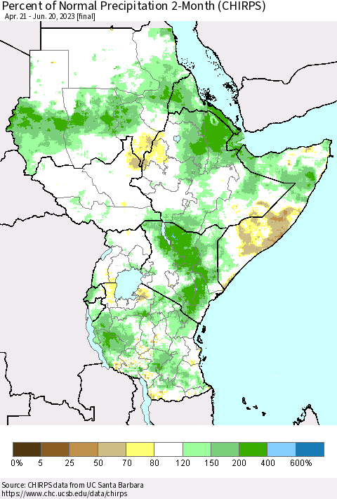 Eastern Africa Percent of Normal Precipitation 2-Month (CHIRPS) Thematic Map For 4/21/2023 - 6/20/2023