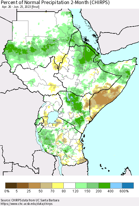 Eastern Africa Percent of Normal Precipitation 2-Month (CHIRPS) Thematic Map For 4/26/2023 - 6/25/2023
