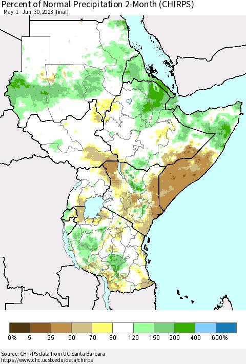 Eastern Africa Percent of Normal Precipitation 2-Month (CHIRPS) Thematic Map For 5/1/2023 - 6/30/2023