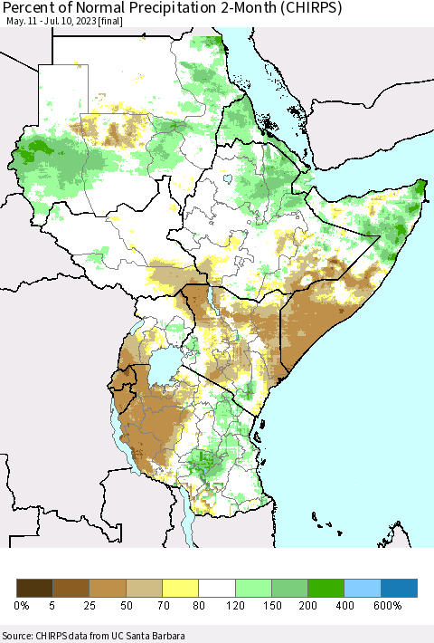 Eastern Africa Percent of Normal Precipitation 2-Month (CHIRPS) Thematic Map For 5/11/2023 - 7/10/2023