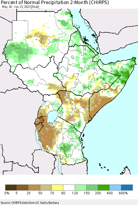 Eastern Africa Percent of Normal Precipitation 2-Month (CHIRPS) Thematic Map For 5/16/2023 - 7/15/2023