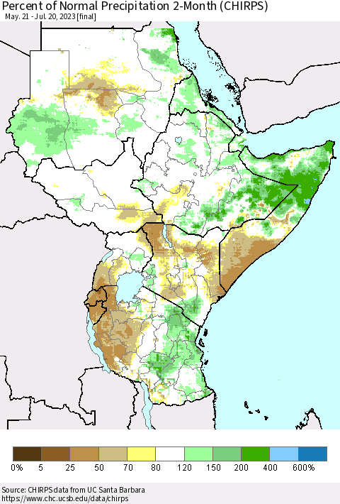 Eastern Africa Percent of Normal Precipitation 2-Month (CHIRPS) Thematic Map For 5/21/2023 - 7/20/2023