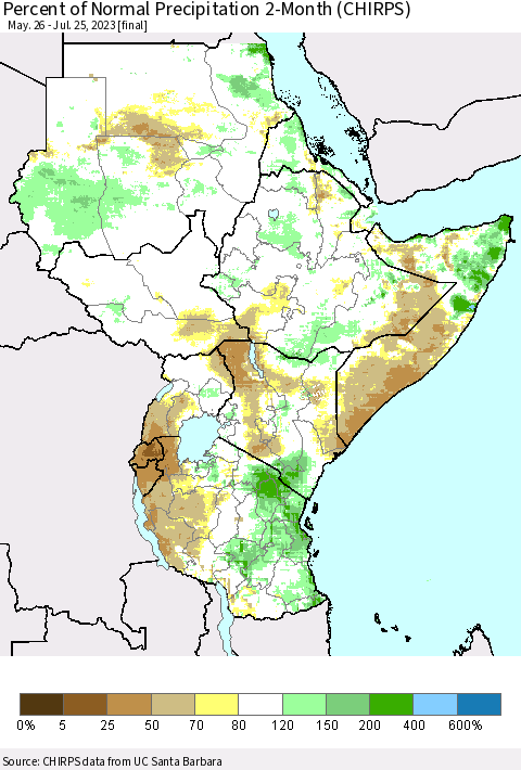 Eastern Africa Percent of Normal Precipitation 2-Month (CHIRPS) Thematic Map For 5/26/2023 - 7/25/2023