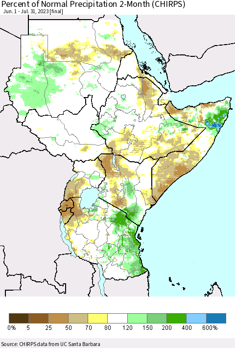 Eastern Africa Percent of Normal Precipitation 2-Month (CHIRPS) Thematic Map For 6/1/2023 - 7/31/2023
