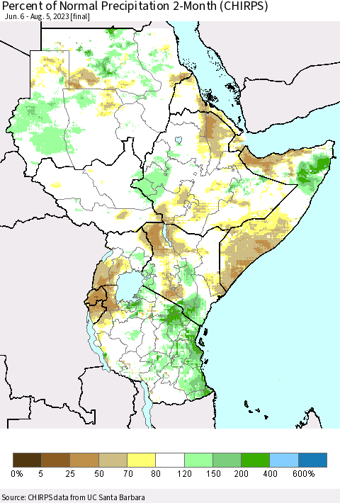 Eastern Africa Percent of Normal Precipitation 2-Month (CHIRPS) Thematic Map For 6/6/2023 - 8/5/2023