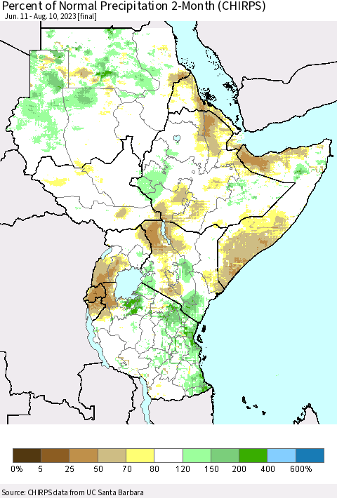Eastern Africa Percent of Normal Precipitation 2-Month (CHIRPS) Thematic Map For 6/11/2023 - 8/10/2023