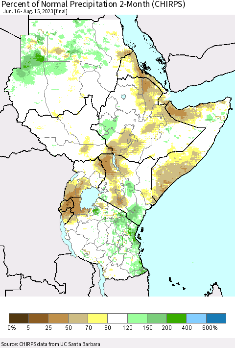 Eastern Africa Percent of Normal Precipitation 2-Month (CHIRPS) Thematic Map For 6/16/2023 - 8/15/2023