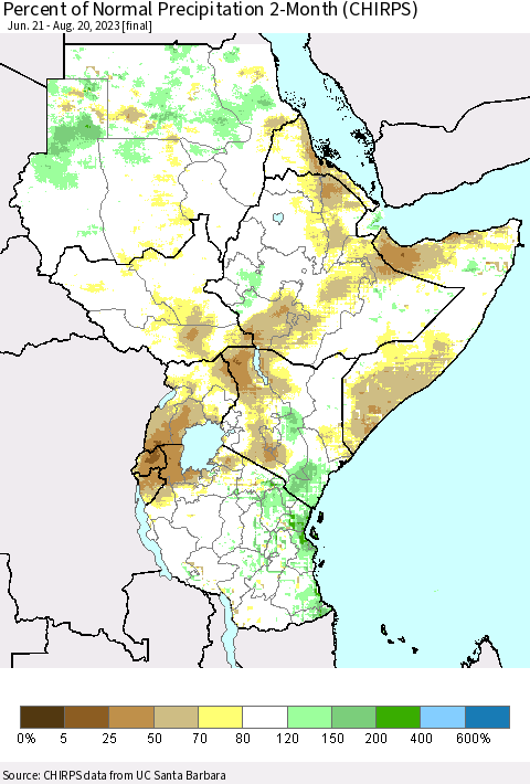 Eastern Africa Percent of Normal Precipitation 2-Month (CHIRPS) Thematic Map For 6/21/2023 - 8/20/2023