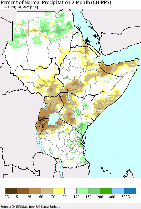 Eastern Africa Percent of Normal Precipitation 2-Month (CHIRPS) Thematic Map For 7/1/2023 - 8/31/2023