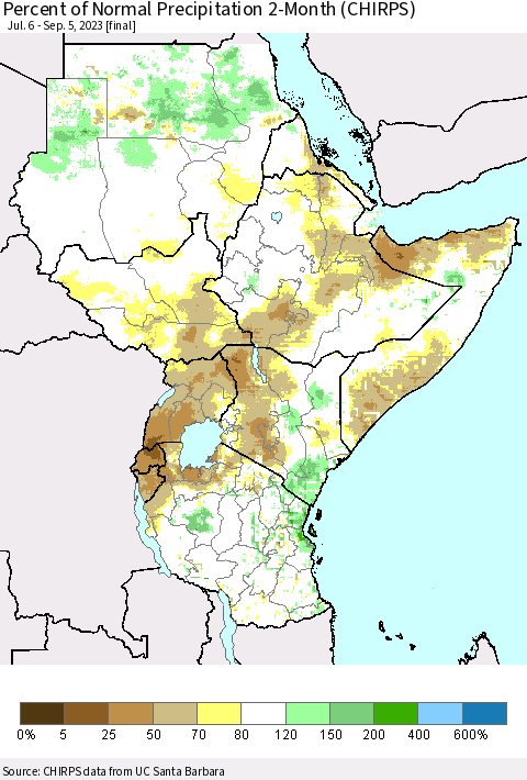 Eastern Africa Percent of Normal Precipitation 2-Month (CHIRPS) Thematic Map For 7/6/2023 - 9/5/2023