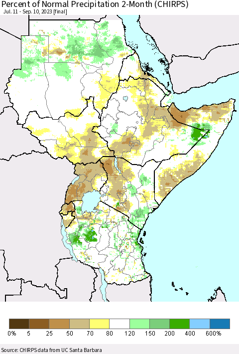 Eastern Africa Percent of Normal Precipitation 2-Month (CHIRPS) Thematic Map For 7/11/2023 - 9/10/2023