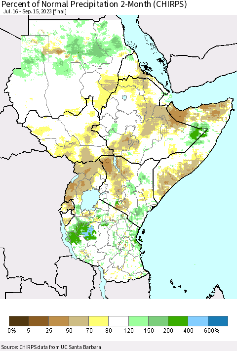 Eastern Africa Percent of Normal Precipitation 2-Month (CHIRPS) Thematic Map For 7/16/2023 - 9/15/2023