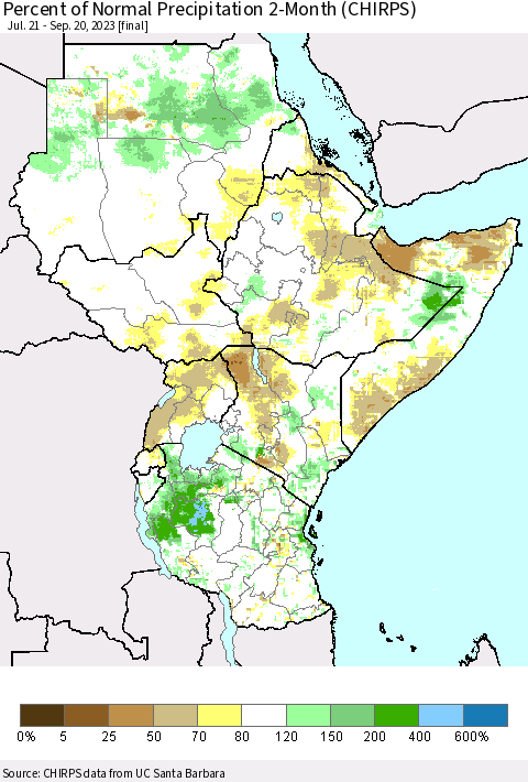 Eastern Africa Percent of Normal Precipitation 2-Month (CHIRPS) Thematic Map For 7/21/2023 - 9/20/2023