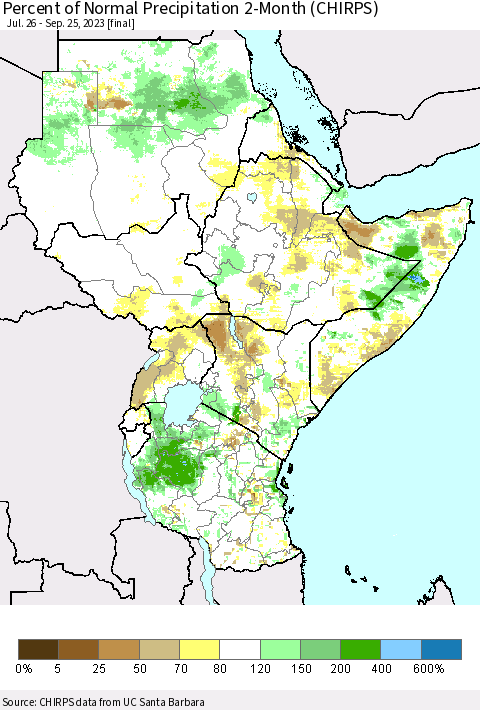 Eastern Africa Percent of Normal Precipitation 2-Month (CHIRPS) Thematic Map For 7/26/2023 - 9/25/2023