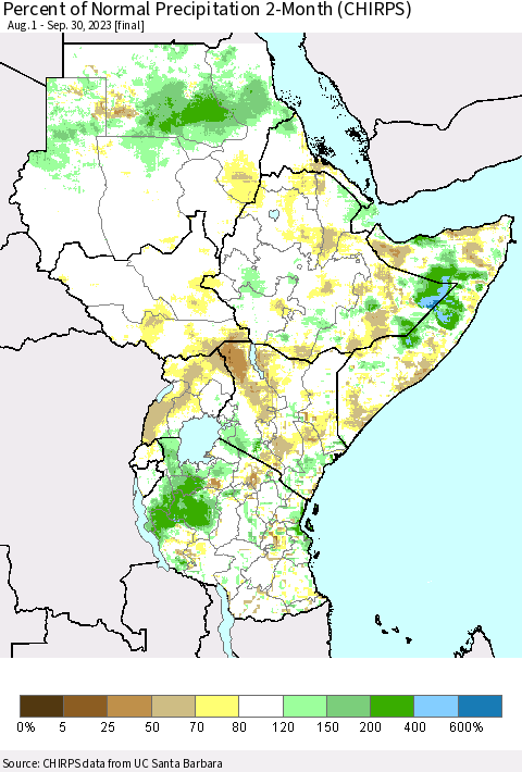 Eastern Africa Percent of Normal Precipitation 2-Month (CHIRPS) Thematic Map For 8/1/2023 - 9/30/2023