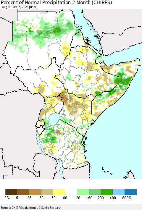 Eastern Africa Percent of Normal Precipitation 2-Month (CHIRPS) Thematic Map For 8/6/2023 - 10/5/2023