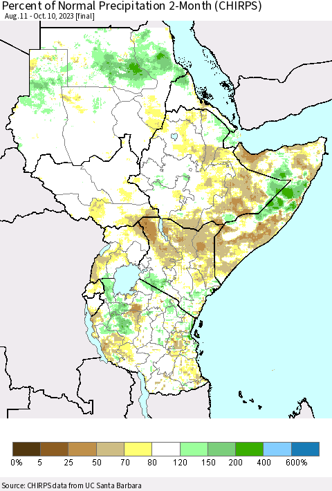 Eastern Africa Percent of Normal Precipitation 2-Month (CHIRPS) Thematic Map For 8/11/2023 - 10/10/2023