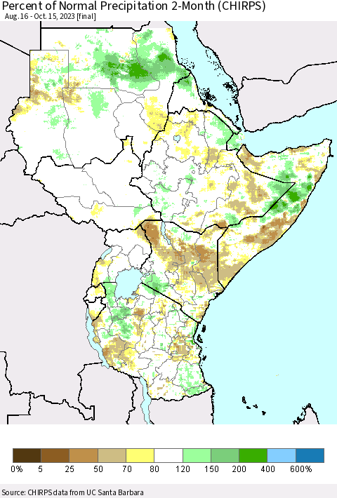 Eastern Africa Percent of Normal Precipitation 2-Month (CHIRPS) Thematic Map For 8/16/2023 - 10/15/2023