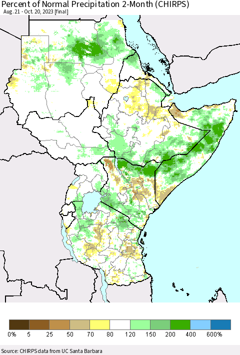 Eastern Africa Percent of Normal Precipitation 2-Month (CHIRPS) Thematic Map For 8/21/2023 - 10/20/2023