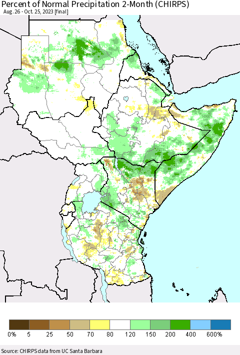 Eastern Africa Percent of Normal Precipitation 2-Month (CHIRPS) Thematic Map For 8/26/2023 - 10/25/2023