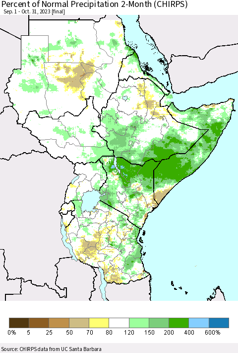 Eastern Africa Percent of Normal Precipitation 2-Month (CHIRPS) Thematic Map For 9/1/2023 - 10/31/2023