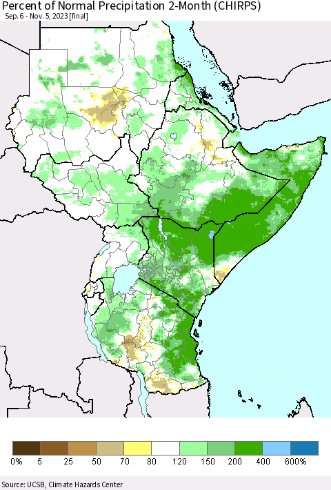 Eastern Africa Percent of Normal Precipitation 2-Month (CHIRPS) Thematic Map For 9/6/2023 - 11/5/2023