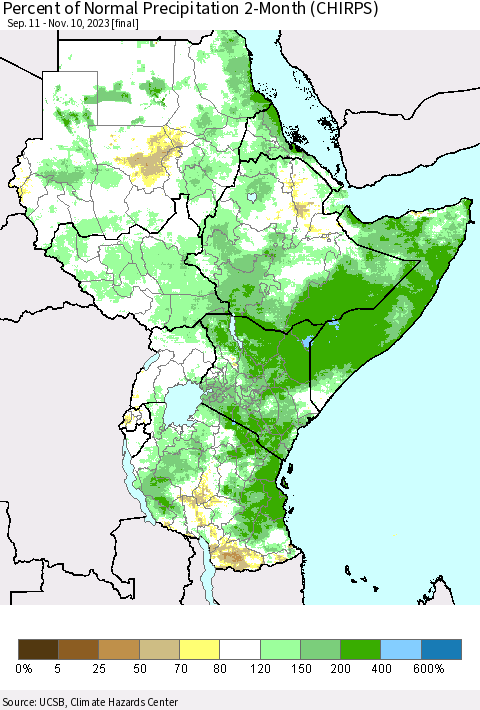 Eastern Africa Percent of Normal Precipitation 2-Month (CHIRPS) Thematic Map For 9/11/2023 - 11/10/2023