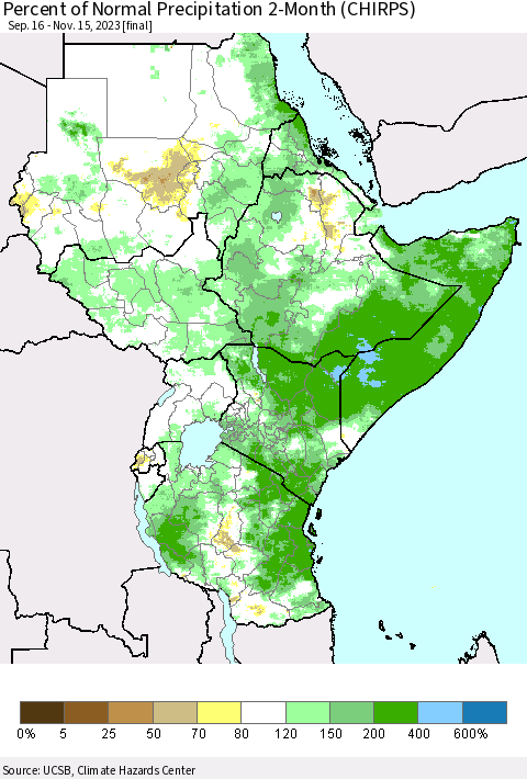 Eastern Africa Percent of Normal Precipitation 2-Month (CHIRPS) Thematic Map For 9/16/2023 - 11/15/2023