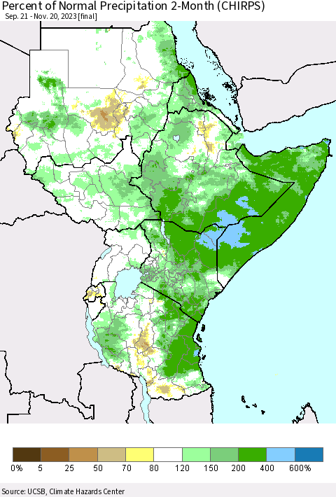 Eastern Africa Percent of Normal Precipitation 2-Month (CHIRPS) Thematic Map For 9/21/2023 - 11/20/2023