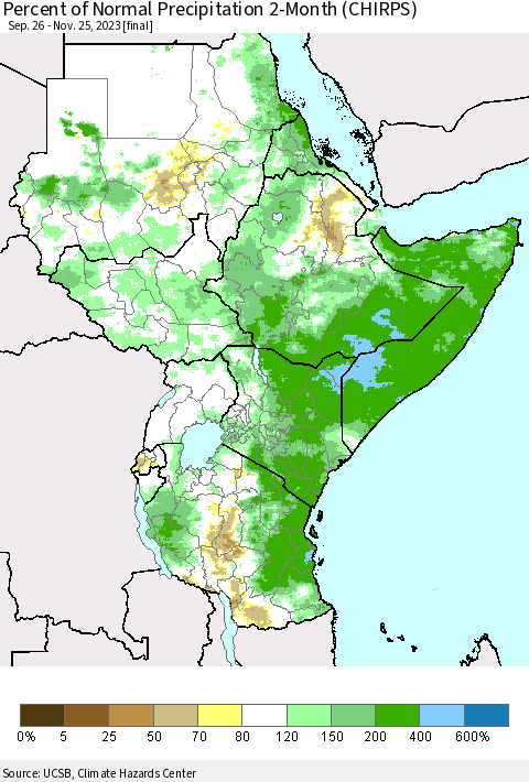 Eastern Africa Percent of Normal Precipitation 2-Month (CHIRPS) Thematic Map For 9/26/2023 - 11/25/2023