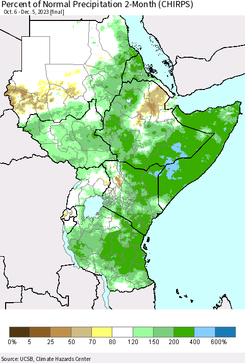 Eastern Africa Percent of Normal Precipitation 2-Month (CHIRPS) Thematic Map For 10/6/2023 - 12/5/2023