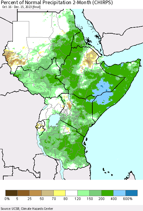 Eastern Africa Percent of Normal Precipitation 2-Month (CHIRPS) Thematic Map For 10/16/2023 - 12/15/2023