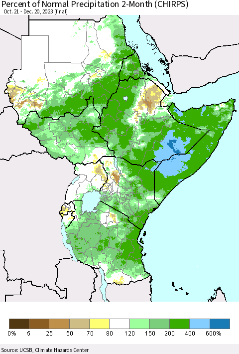 Eastern Africa Percent of Normal Precipitation 2-Month (CHIRPS) Thematic Map For 10/21/2023 - 12/20/2023