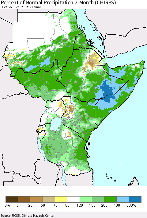 Eastern Africa Percent of Normal Precipitation 2-Month (CHIRPS) Thematic Map For 10/26/2023 - 12/25/2023