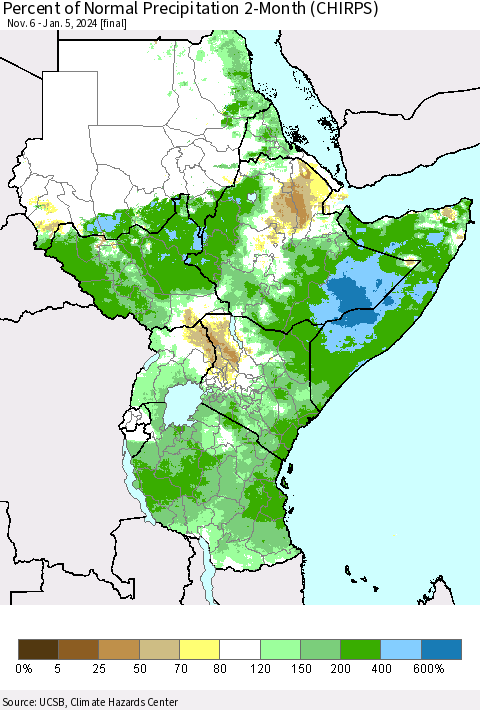 Eastern Africa Percent of Normal Precipitation 2-Month (CHIRPS) Thematic Map For 11/6/2023 - 1/5/2024