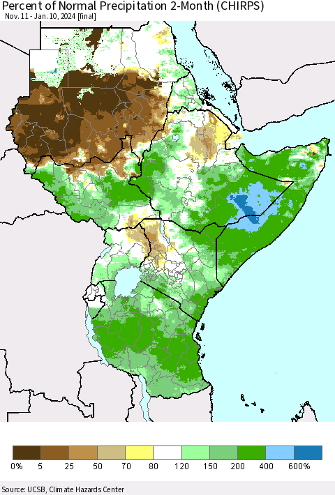 Eastern Africa Percent of Normal Precipitation 2-Month (CHIRPS) Thematic Map For 11/11/2023 - 1/10/2024