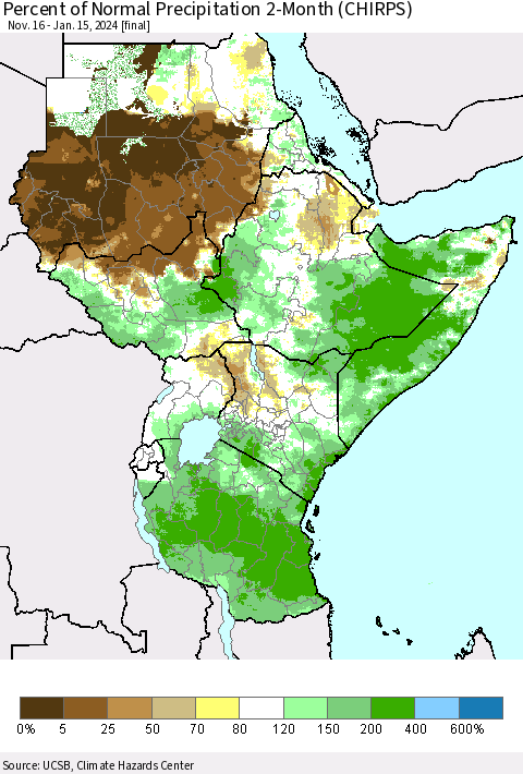 Eastern Africa Percent of Normal Precipitation 2-Month (CHIRPS) Thematic Map For 11/16/2023 - 1/15/2024