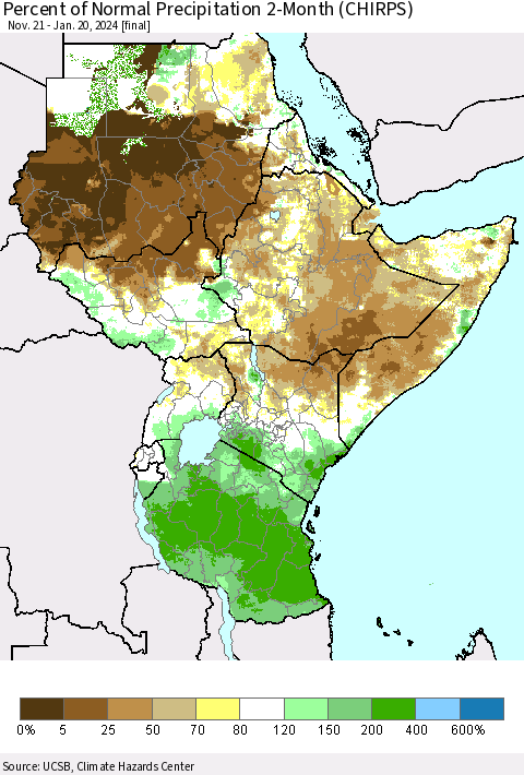 Eastern Africa Percent of Normal Precipitation 2-Month (CHIRPS) Thematic Map For 11/21/2023 - 1/20/2024