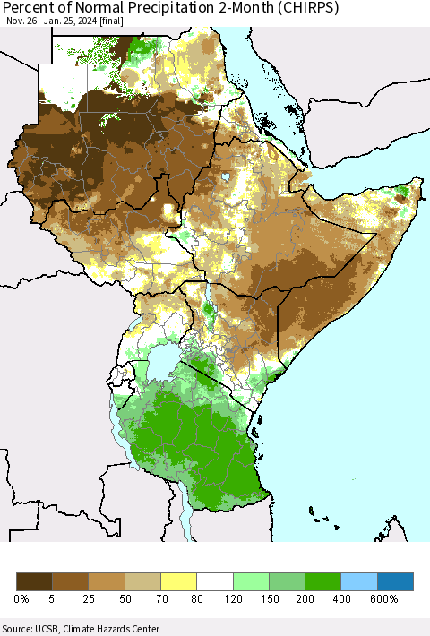 Eastern Africa Percent of Normal Precipitation 2-Month (CHIRPS) Thematic Map For 11/26/2023 - 1/25/2024