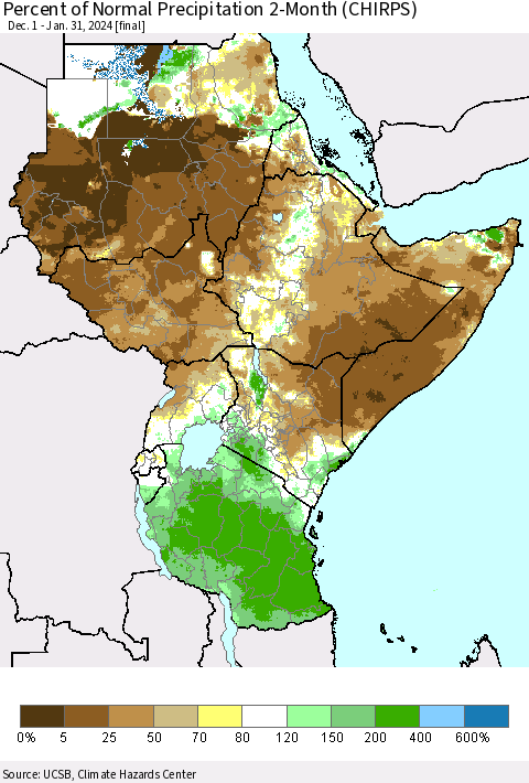 Eastern Africa Percent of Normal Precipitation 2-Month (CHIRPS) Thematic Map For 12/1/2023 - 1/31/2024