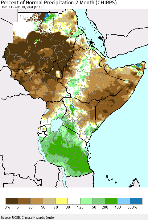 Eastern Africa Percent of Normal Precipitation 2-Month (CHIRPS) Thematic Map For 12/11/2023 - 2/10/2024
