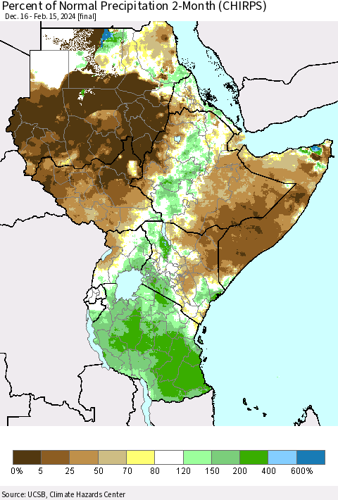 Eastern Africa Percent of Normal Precipitation 2-Month (CHIRPS) Thematic Map For 12/16/2023 - 2/15/2024